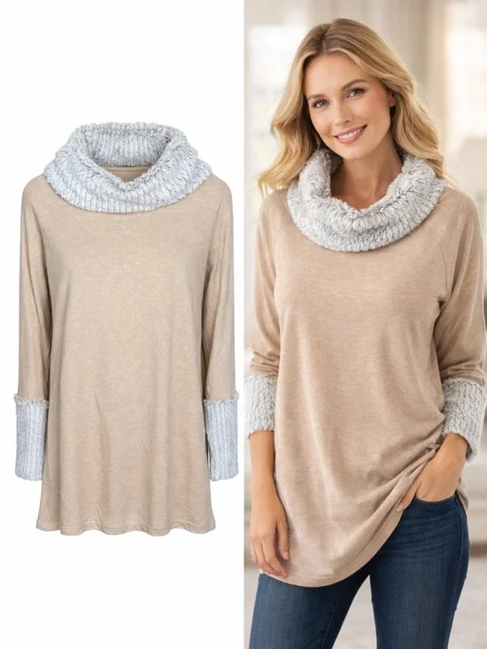 Soft Surroundings | Taupe Faux Fur Cowl Neck Top | Cozy Lounge Sweater | Size S - Picture 1 of 6